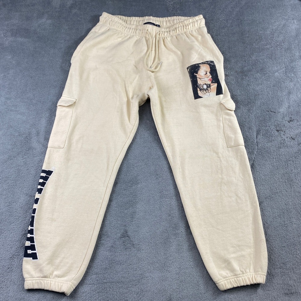 Aaliyah Sweatpants Graphic Cargo Jogger Fleece Cream‎ Size L Y2k Outdoor Concert